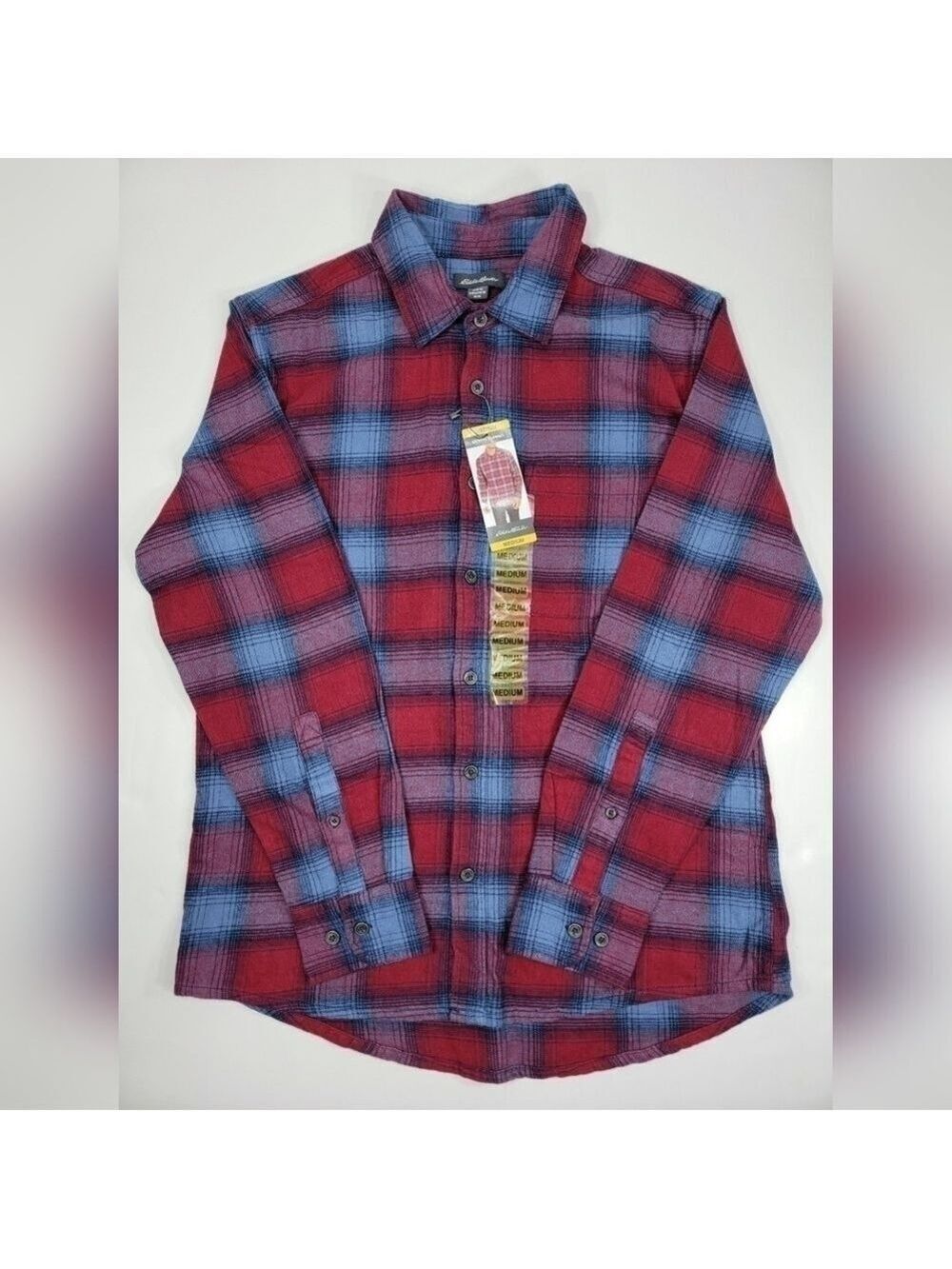NWT Eddie Bauer Bristol Flannel Shirt Mens Medium Red Blue Plaid Long Sleeve NEW
